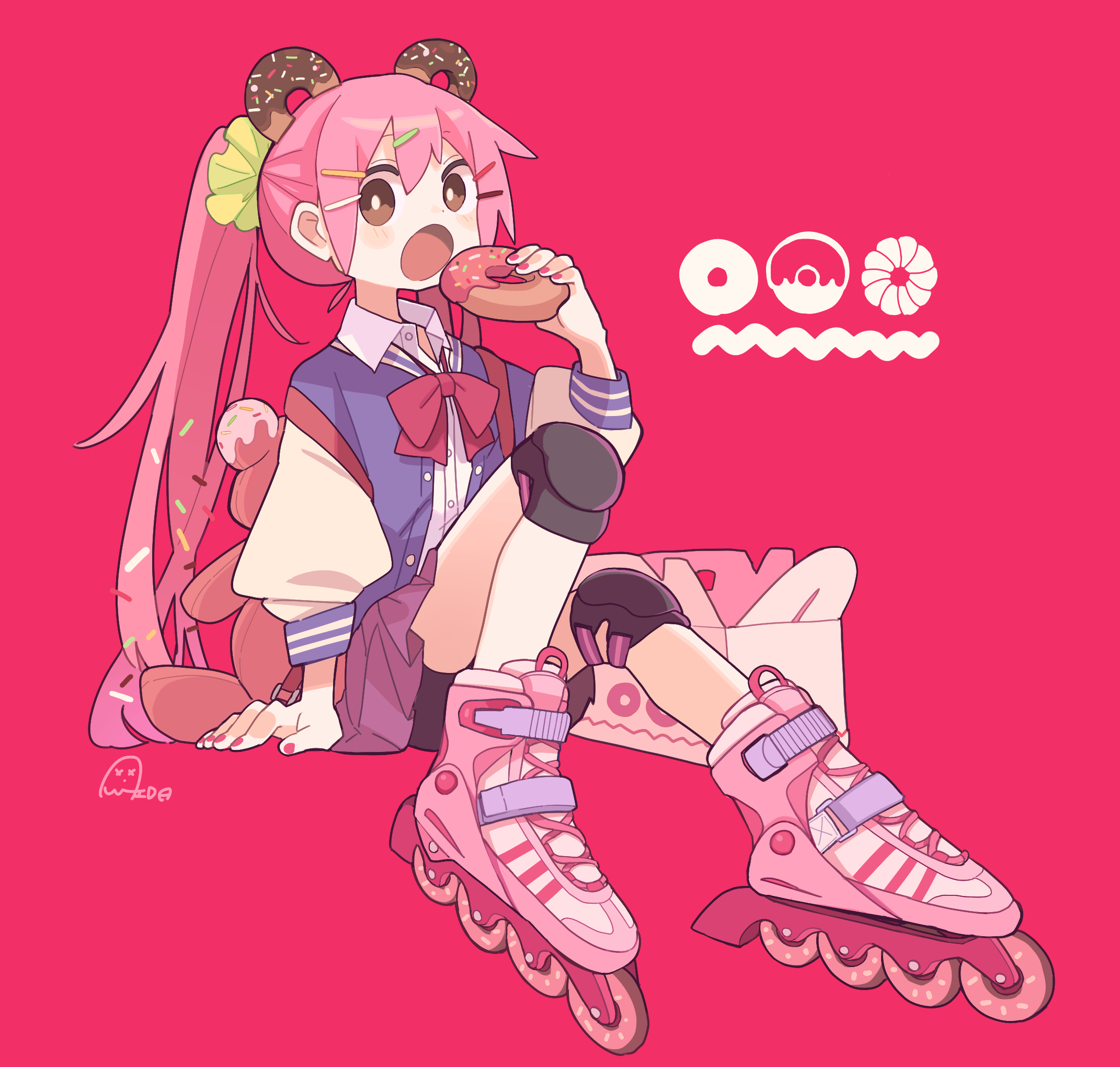 aida (aidia), original, commentary request, highres, 1girl, backpack, bag, bike shorts, bike shorts under skirt, boots, bow, bowtie, box, bright pupils, brown eyes, donut, donut hair ornament, food, food-themed hair ornament, full body, green scrunchie, hair ornament, hairclip, holding, holding food, inline skates, jacket, knee pads, knee up, letterman jacket, long hair, long sleeves, looking at viewer, loose bowtie, open mouth, pink boots, pink hair, pink skirt, pleated skirt, red background, red bow, red bowtie, red nails, roller skates, scrunchie, shirt, signature, sitting, skates, skirt, solo, sprinkles, stuffed animal, stuffed toy, teddy bear, twintails, white shirt