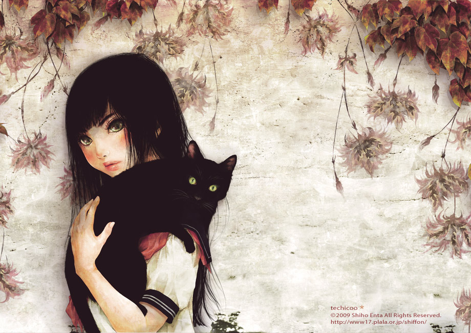 enta shiho, 00s, 1girl, 2009, animal, black cat, black hair, blunt bangs, blush, carrying, cat, female focus, flower, green eyes, long hair, looking at viewer, scenery, school uniform, serafuku, solo, watermark, web address