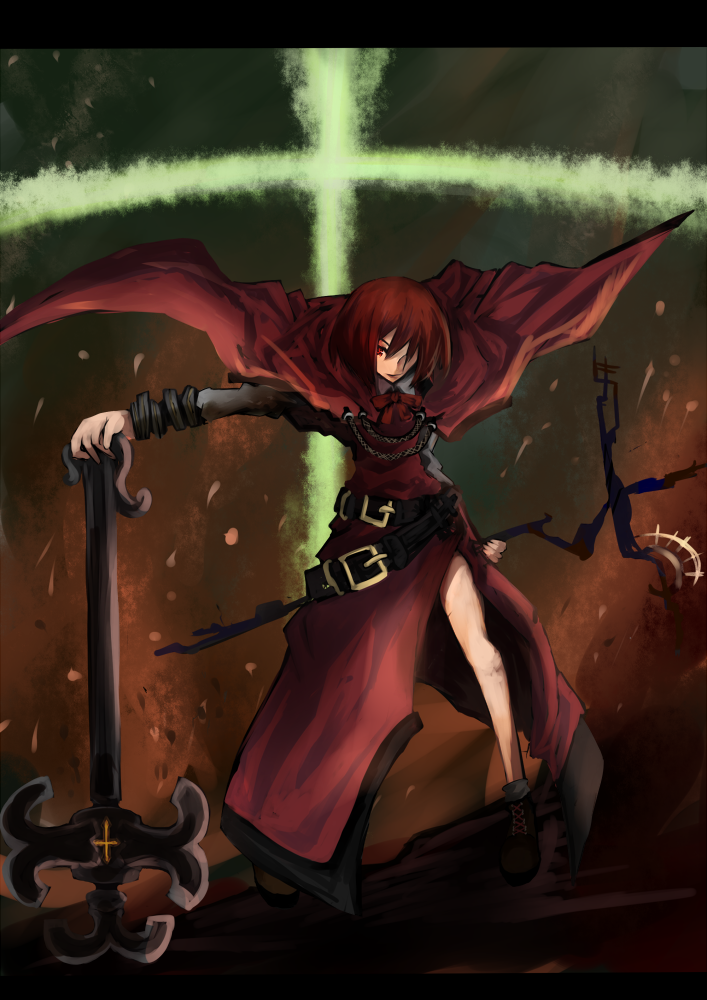 yuma (cobhc666), okazaki yumemi, phantasmagoria of dim.dream, touhou, touhou (pc-98), bad id, bad pixiv id, 1girl, belt, cape, cross, dress, female focus, glowing, glowing eyes, red eyes, red hair, side slit, solo