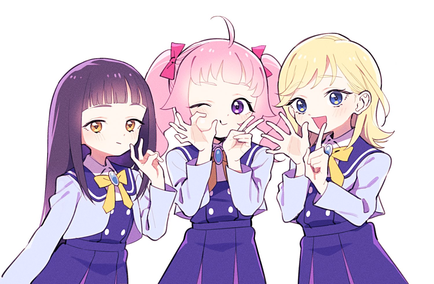 ukokkei, aozora himari, hoshikawa mitsuki, suzukaze tsumugi, himitsu no aipri, pretty series, blue gem, commentary request, 3girls, :d, ahoge, arm at side, bent v, black hair, blonde hair, blue eyes, blue jacket, blue sailor collar, blue skirt, bow, cowboy shot, dot nose, gem, hand up, hands up, index finger raised, jacket, light blush, long hair, long sleeves, looking at viewer, multiple girls, ok sign, one eye closed, open clothes, open hand, open jacket, open mouth, paradise private academy school uniform, pink bow, pink hair, pleated skirt, purple eyes, sailor collar, school uniform, simple background, skirt, smile, spread fingers, standing, straight hair, symbol-shaped pupils, triangle-shaped pupils, twintails, v, white background, yellow bow, yellow eyes