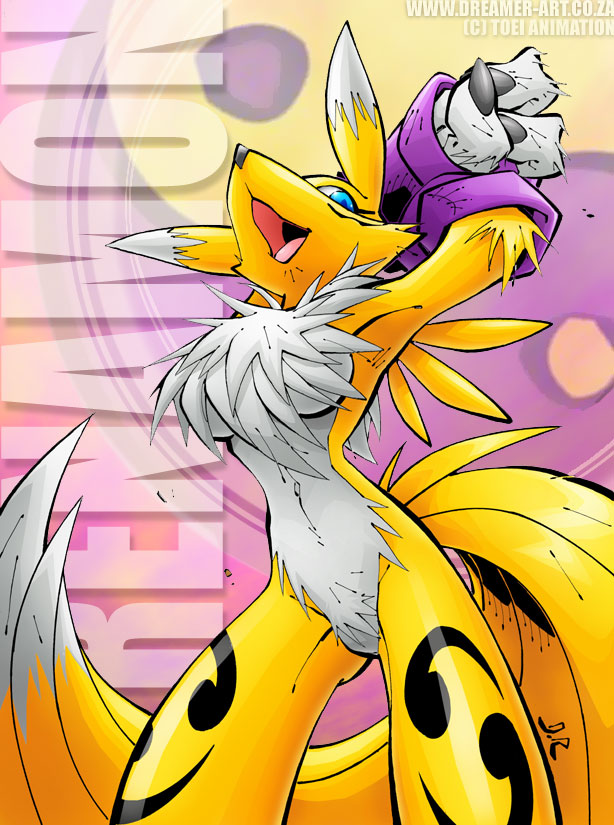dreamer69, renamon, digimon, furaffinity, arms up, blue eyes, digimon (creature), fingerless gloves, fox, furry, gloves, smile, tail