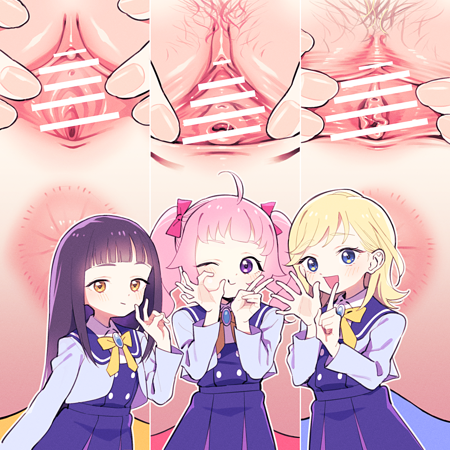ukokkei, aozora himari, hoshikawa mitsuki, suzukaze tsumugi, himitsu no aipri, pretty series, blue gem, commentary request, highres, 3girls, :d, ahoge, anus, arm at side, bar censor, bent v, black hair, blonde hair, blonde pubic hair, blue eyes, blue jacket, blue sailor collar, blue skirt, bow, censored, clitoral hood, clitoris, close-up, colored pubic hair, cowboy shot, dot nose, female pubic hair, gem, hand up, hands up, index finger raised, jacket, light blush, long hair, long sleeves, looking at viewer, multiple girls, multiple views, ok sign, one eye closed, open clothes, open hand, open jacket, open mouth, outline, paradise private academy school uniform, pink bow, pink hair, pink pubic hair, pleated skirt, pubic hair, purple eyes, pussy, pussy juice, sailor collar, school uniform, simple background, skirt, smile, spread fingers, spread pussy, spreading own pussy, standing, straight hair, symbol-shaped pupils, triangle-shaped pupils, twintails, urethra, v, white background, white outline, yellow bow, yellow eyes
