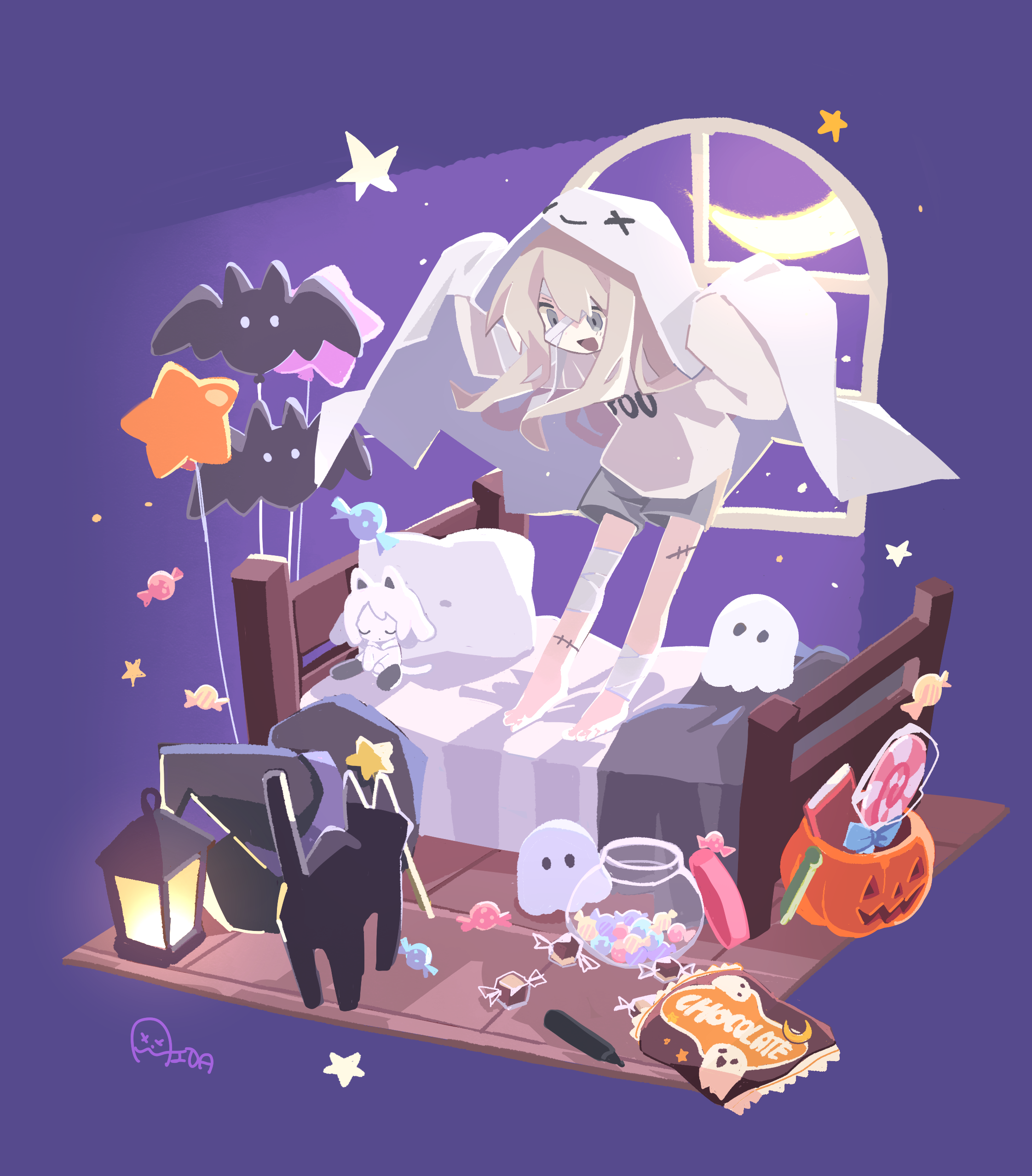 aida (aidia), original, absurdres, commentary request, highres, 1girl, :d, animal, bandaged leg, bandages, barefoot, bed, black cat, black hat, blonde hair, blue eyes, candy, cat, double-parted bangs, food, full body, ghost, ghost costume, grey shorts, hair between eyes, halloween, halloween costume, hat, jack-o'-lantern, jar, lantern, long hair, long sleeves, no lineart, on bed, open mouth, pillow, shirt, shorts, signature, smile, solo, standing, star (symbol), star balloon, star wand, unworn hat, unworn headwear, white shirt, window, witch hat, wrapped candy