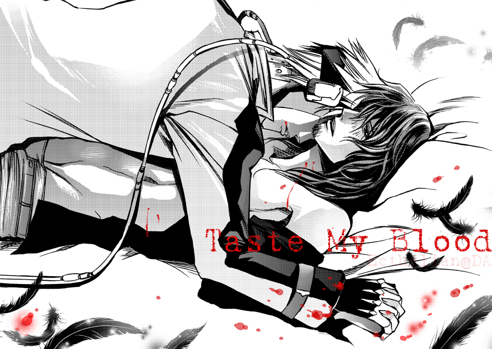 charles j chrishund, johnny rayflo, vassalord, 2boys, male focus, monochrome, multiple boys, spot color, vampire, yaoi