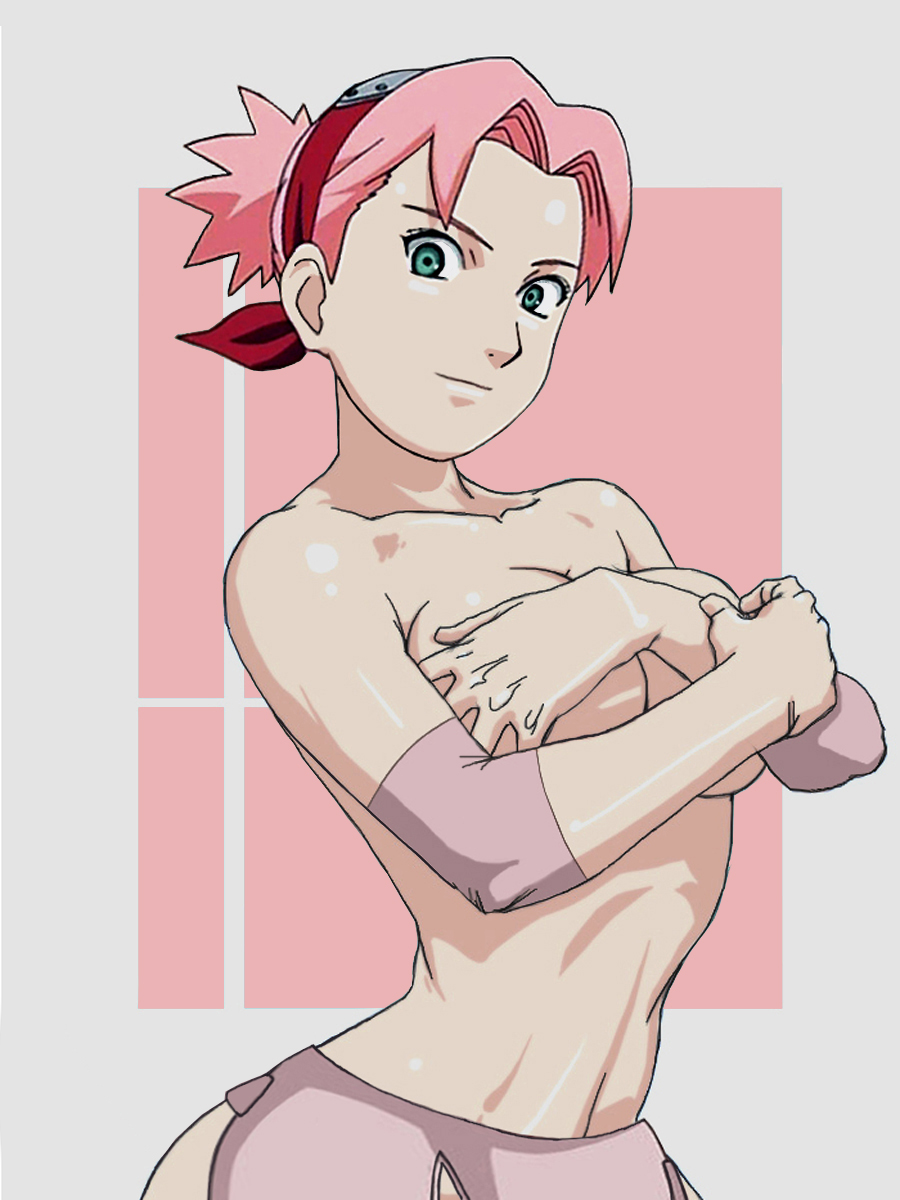 omar-sin, haruno sakura, naruto, highres, breasts, covering breasts, covering privates, grabbing another's breast, green eyes, pink hair