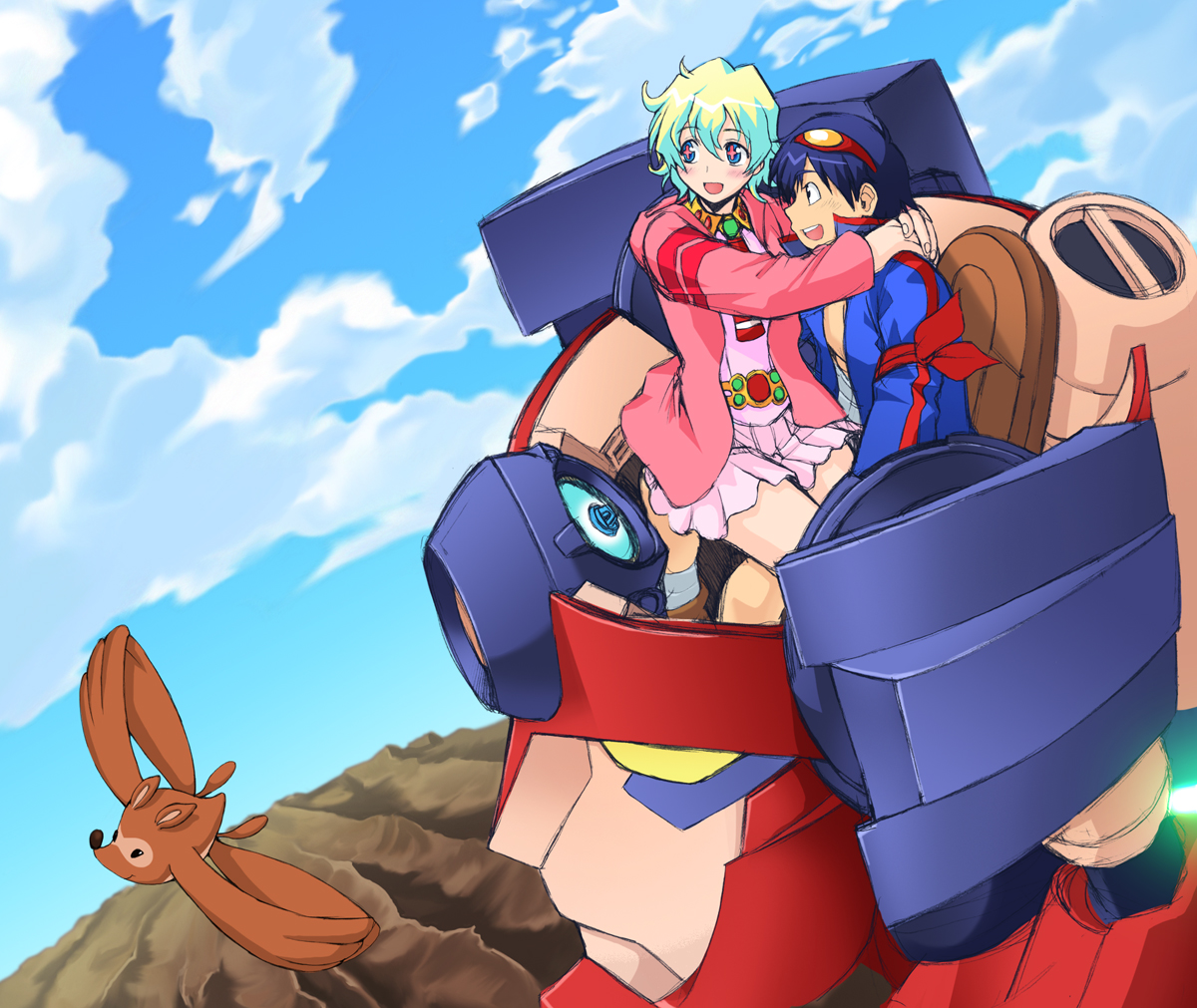 bonten karasu, lagann, nia teppelin, simon (ttgl), tengen toppa gurren lagann, + +, 00s, 1boy, 1girl, aged down, animal, blue hair, cloud, cross-shaped pupils, day, goggles, goggles on head, happy, holding, mecha, multicolored hair, robot, sky, symbol-shaped pupils, two-tone hair