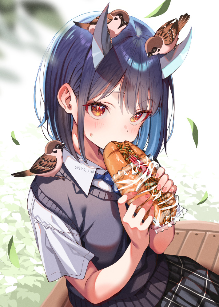 kink (tortoiseshell), aoki ruri, ruridragon, commentary, symbol-only commentary, 1girl, animal, animal on head, bird, bird on head, black skirt, blue hair, blue necktie, brown eyes, collared shirt, dragon horns, eating, falling leaves, food, food in mouth, grey sweater vest, holding, holding food, horns, leaf, necktie, on head, school uniform, shirt, short hair, short sleeves, skirt, solo, sweater vest, white horns, white shirt, yakisobapan