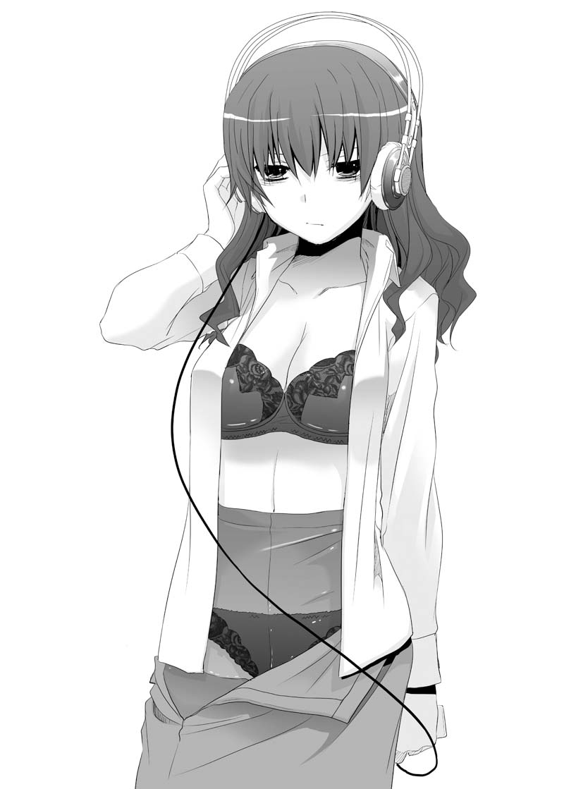 nakajima yuka, kiyama harumi, toaru kagaku no railgun, toaru majutsu no index, 00s, 1girl, bags under eyes, bra, crotch seam, female focus, greyscale, headphones, lingerie, long hair, monochrome, panties, panties under pantyhose, pantyhose, skirt, solo, underwear, undressing, unzipped