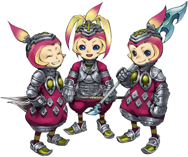 toki no, tokine (tokiami), lilty, final fantasy, final fantasy crystal chronicles, striped, bad id, bad pixiv id, 3girls, armor, blue eyes, closed eyes, gradient hair, grin, hand on own hip, helmet, hip focus, multicolored hair, multiple girls, open mouth, polearm, smile, spear, weapon