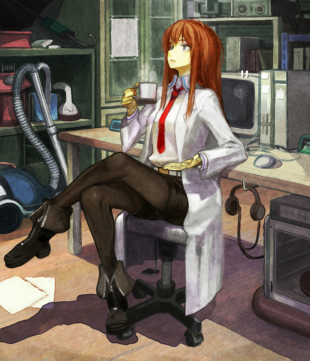 amon (amon 12345), ryman, makise kurisu, science adventure, steins;gate, bad id, bad pixiv id, highres, 1girl, ahoge, ankle boots, boots, brown hair, brown pantyhose, chair, coffee mug, computer, computer mouse, crossed legs, cup, cushion, desk, doctor, drink, drinking, eating, female focus, headphones, indoors, lab coat, long hair, microwave, monitor, mug, necktie, pantyhose, paper, red hair, red necktie, room, shelf, sitting, solo, steam, umbrella, vacuum cleaner, x68000