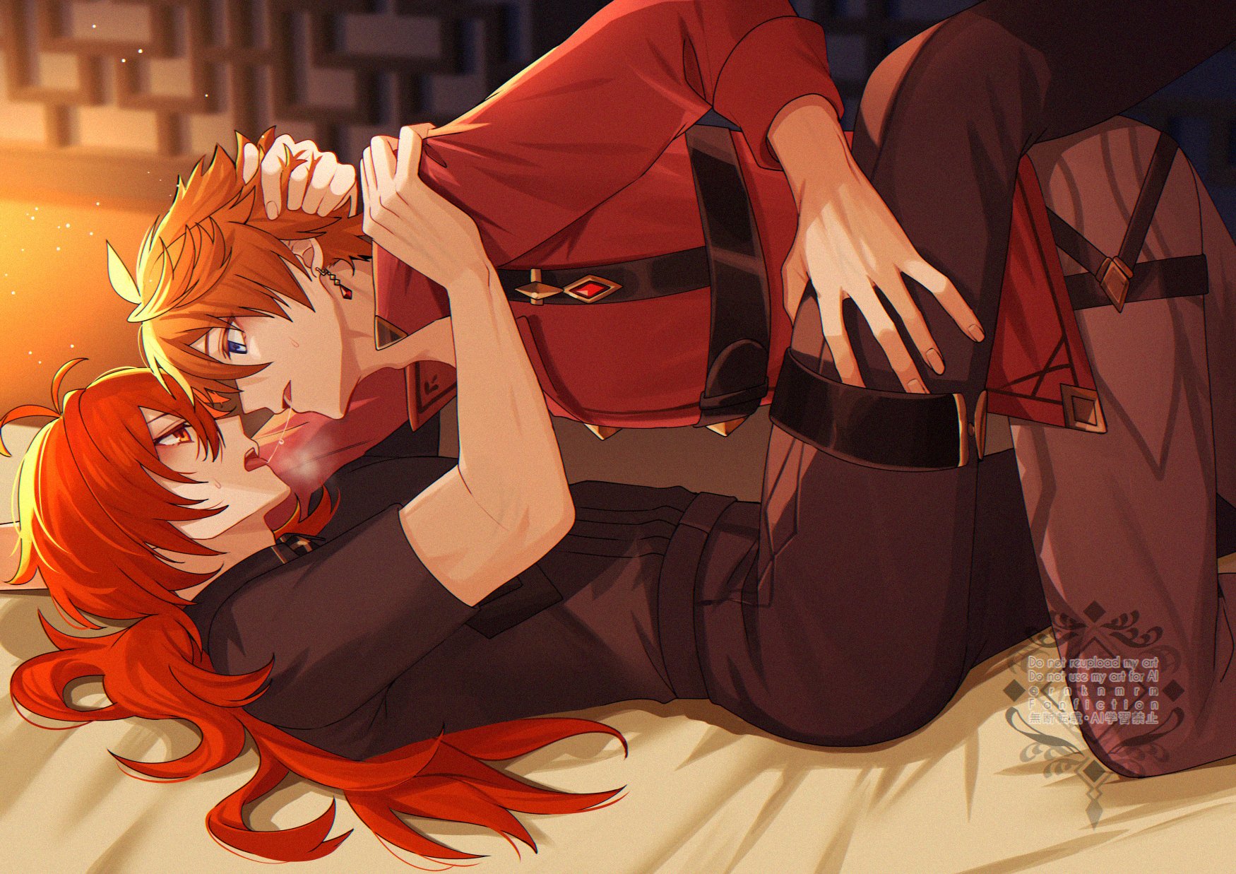 hiki yuichi, diluc (genshin impact), tartaglia (genshin impact), genshin impact, commentary request, highres, 2boys, bed, black pants, black shirt, blue eyes, earrings, grey pants, jewelry, long hair, lying, male focus, multiple boys, open mouth, orange hair, pants, red eyes, red hair, red shirt, saliva, shirt, short hair, single earring, tongue, tongue out, yaoi