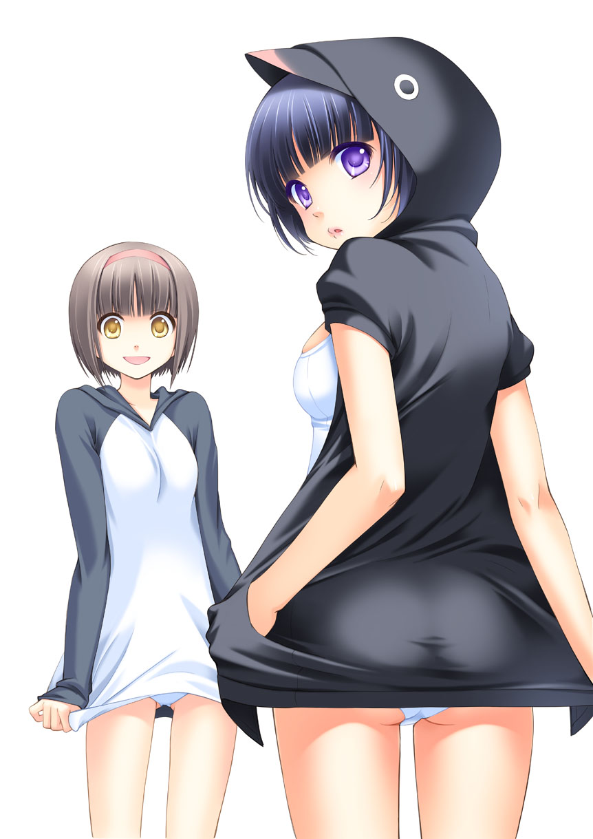 ginta, bad id, bad pixiv id, highres, 2girls, animal costume, ass, black hair, brown hair, hairband, hood, looking back, multiple girls, no pants, one-piece swimsuit, panties, penguin costume, purple eyes, school swimsuit, swimsuit, swimsuit under clothes, underwear, white one-piece swimsuit, white panties, white school swimsuit, yellow eyes
