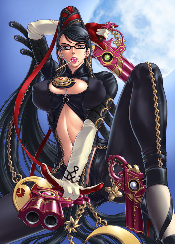 kanesada keishi, bayonetta, bayonetta (series), bayonetta 1, 1girl, amulet, black hair, blue eyes, bodysuit, breasts, candy, cleavage, cleavage cutout, clothing cutout, covered erect nipples, dual wielding, female focus, food, glasses, gun, hair bun, handgun, high heels, holding, large breasts, lollipop, long hair, midriff, mole, mole under mouth, moon, mouth hold, navel, red ribbon, ribbon, shoes, single hair bun, solo, very long hair, weapon