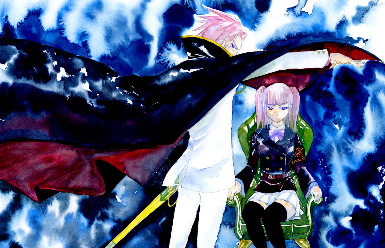 haynau, ushiromiya ange, ushiromiya battler, umineko no naku koro ni, bad id, bad pixiv id, painting (medium), traditional media, watercolor (medium), 00s, 1boy, 1girl, armband, blue eyes, blunt bangs, brother and sister, cape, formal clothes, hair bobbles, hair ornament, jacket, long hair, looking at viewer, miniskirt, pleated skirt, red hair, ribbon, siblings, sitting, skirt, sword, thighhighs, twintails, weapon, zettai ryouiki