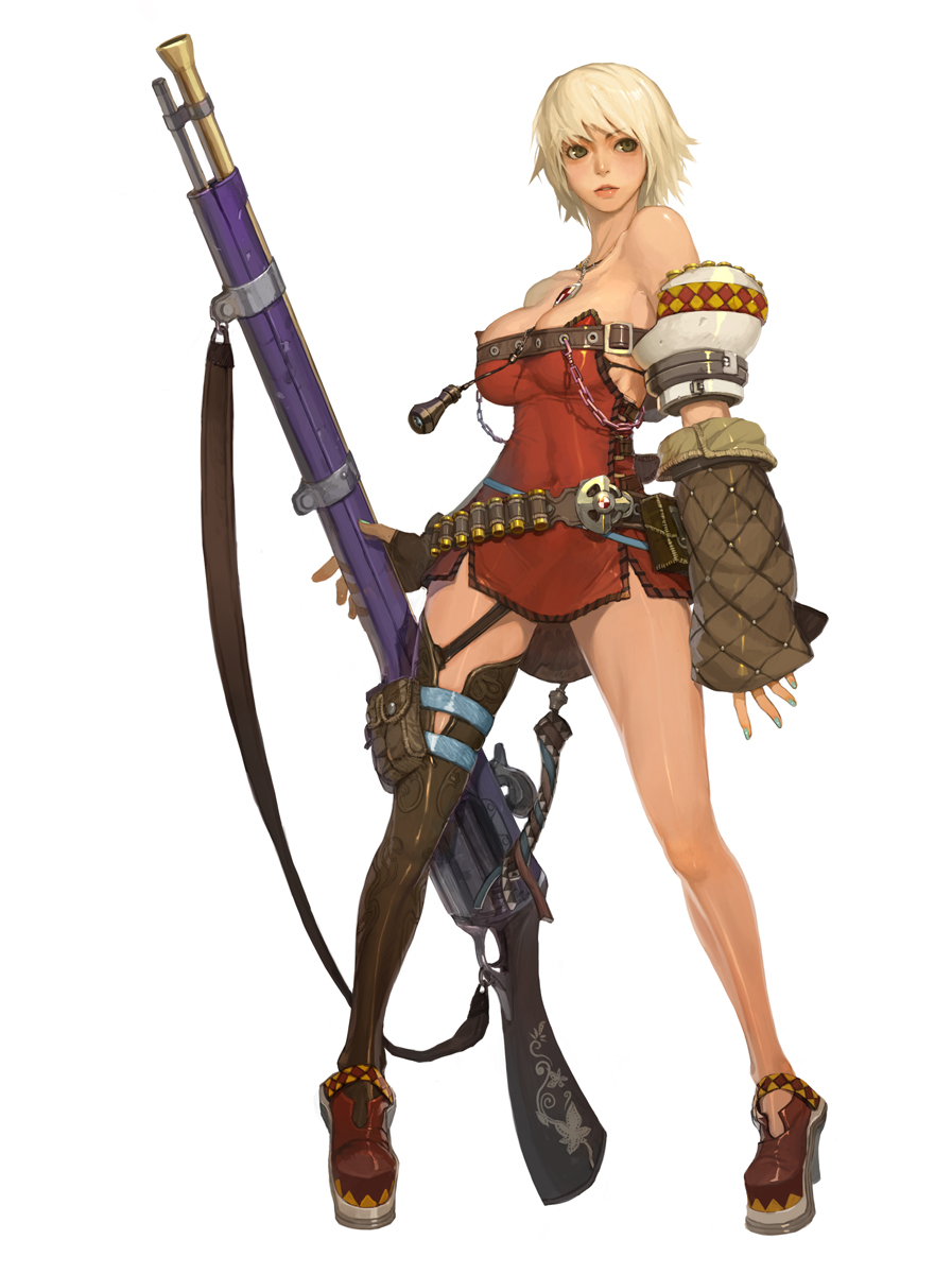 weltol, original, highres, 1girl, aqua nails, asymmetrical clothes, bare shoulders, belt, belt bra, black thighhighs, blonde hair, breasts, brown eyes, cleavage, detached sleeves, dress, female focus, fingerless gloves, full body, gloves, gun, high heels, huge weapon, jewelry, large breasts, legs, lips, nail polish, necklace, rifle, shoes, short dress, short hair, simple background, single glove, single thighhigh, solo, standing, strap, thigh strap, thighhighs, weapon, white hair