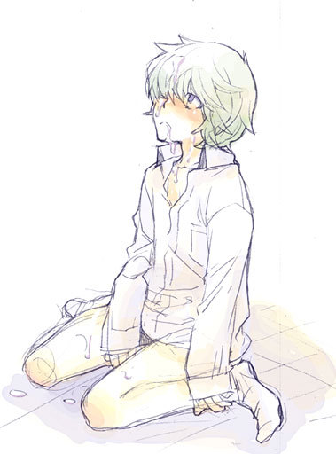 near (death note), death note, 00s, blue eyes, bottomless, collared shirt, cum, cum in mouth, dress shirt, kneeling, looking up, male focus, no pants, shirt, short hair, shota, socks, white hair, white shirt, white socks, yaoi