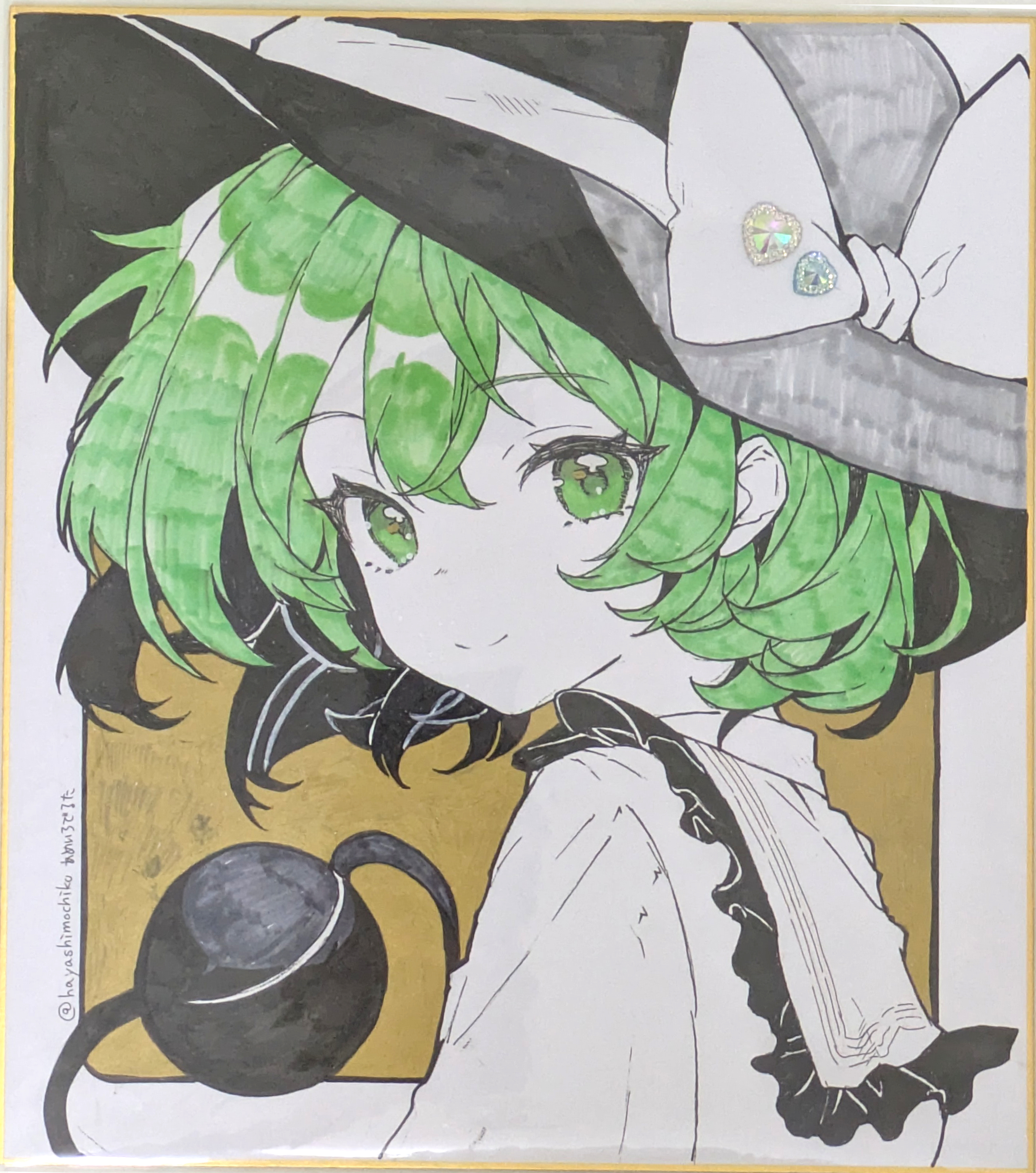 re re merry, komeiji koishi, touhou, absurdres, commentary request, highres, marker (medium), traditional media, 1girl, black hat, bow, closed mouth, collared shirt, double-parted bangs, frilled shirt collar, frills, green eyes, green hair, hair between eyes, hat, hat bow, looking at viewer, portrait, shikishi, shirt, short hair, smile, solo, third eye, white bow