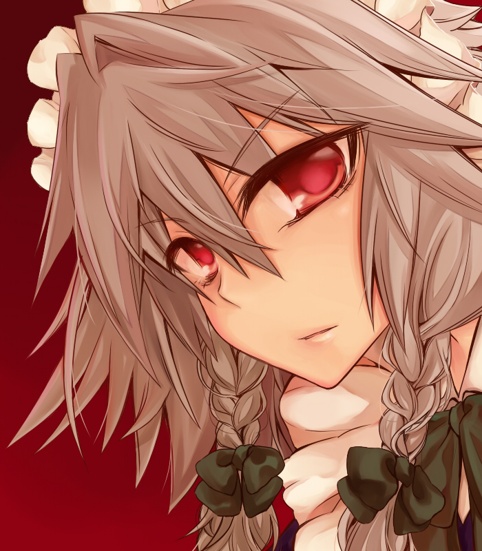 koharu-2hy, izayoi sakuya, embodiment of scarlet devil, touhou, silver hair, bad id, bad pixiv id, 1girl, bow, braid, female focus, gradient background, hair bow, maid headdress, portrait, red eyes, solo, twin braids
