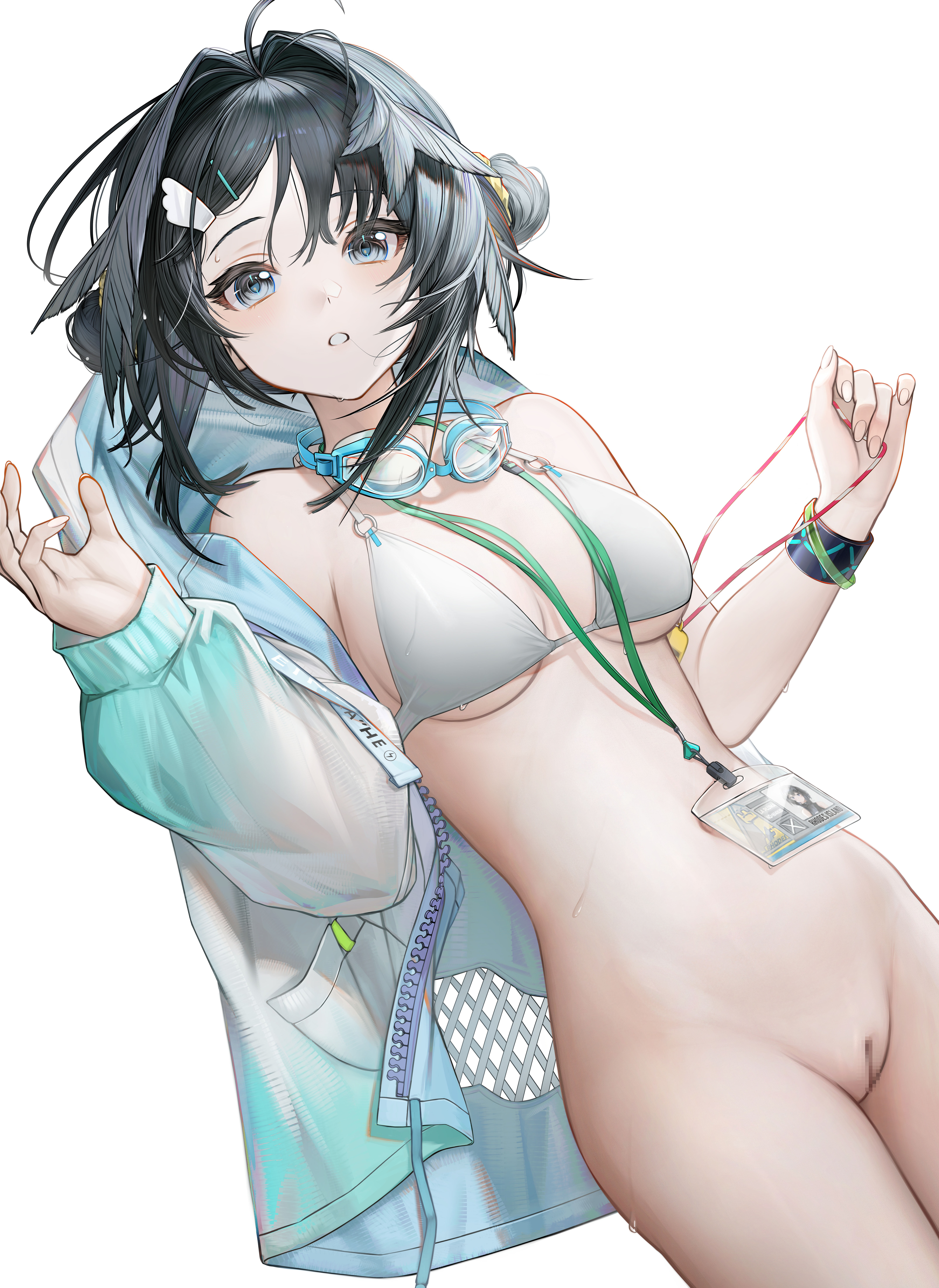 irvinetope, infection monitor (arknights), la pluma (arknights), la pluma (summer flowers) (arknights), arknights, absurdres, chinese commentary, commentary request, highres, large variant set, variant set, 1girl, antenna hair, bare shoulders, bikini, bikini top only, black eyes, black hair, blue pupils, breasts, censored, cleft of venus, double bun, dutch angle, feather hair, frilled bikini, frills, goggles, goggles around neck, gradient clothes, gradient jacket, hair bun, hair intakes, hair ornament, hand up, holding, holding jewelry, holding necklace, id card, jacket, jewelry, lanyard, long hair, long sleeves, looking at viewer, medium breasts, mosaic censoring, multiple girls, navel, necklace, o-ring, o-ring bikini, o-ring top, official alternate costume, open clothes, open jacket, parted lips, pussy, sidelocks, simple background, solo, solo focus, stomach, swim ring, swimsuit, thighs, underboob, unzipped, white background, white bikini, windbreaker