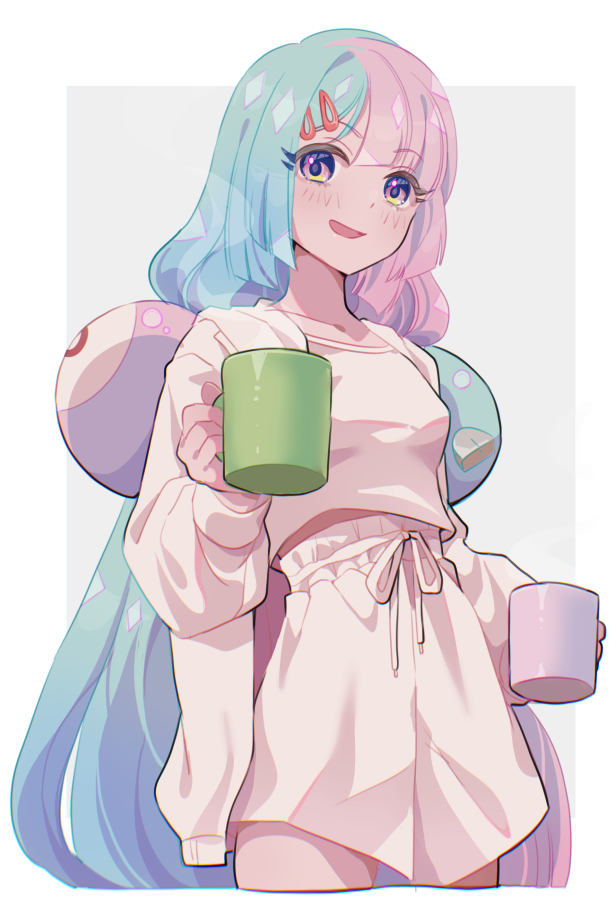mizuiro123, iono (pokemon), nintendo, pokemon, pokemon sv, commentary request, 1girl, blue hair, blush, breasts, character hair ornament, cup, hair ornament, hairclip, holding, holding cup, long hair, long sleeves, looking at viewer, multicolored hair, open mouth, pajamas, pink hair, pink shirt, pink shorts, shirt, shorts, small breasts, smile, solo, two-tone hair