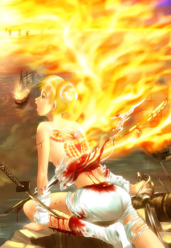 s zenith lee, lowres, tagme, blood, fire, sword, tattoo, torn clothes, weapon