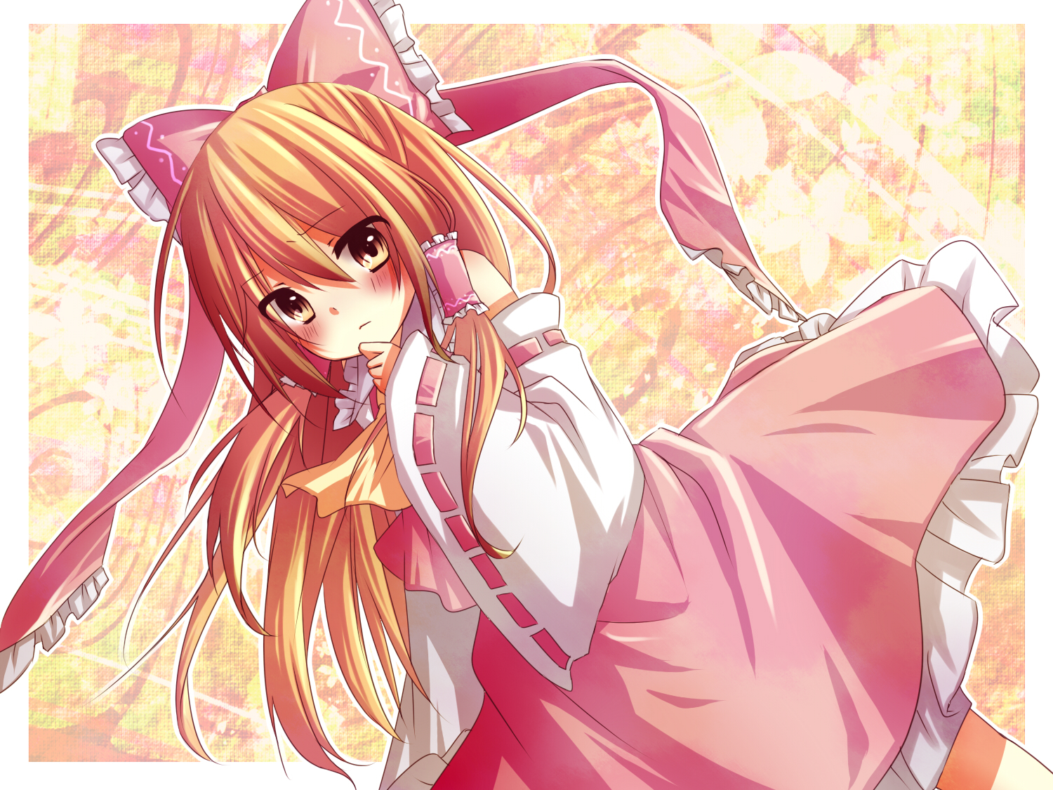 amane kurumi, hakurei reimu, touhou, bad id, bad pixiv id, 1girl, blonde hair, blush, brown eyes, female focus, japanese clothes, long hair, miko, ribbon, solo