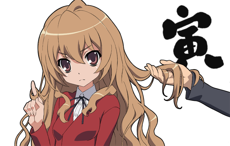 nyoro (nyoronyoro000), aisaka taiga, toradora!, bad id, bad pixiv id, 00s, 1girl, brown eyes, brown hair, long hair, pink eyes, school uniform, simple background, single arm, single hand, solo focus, twirling hair