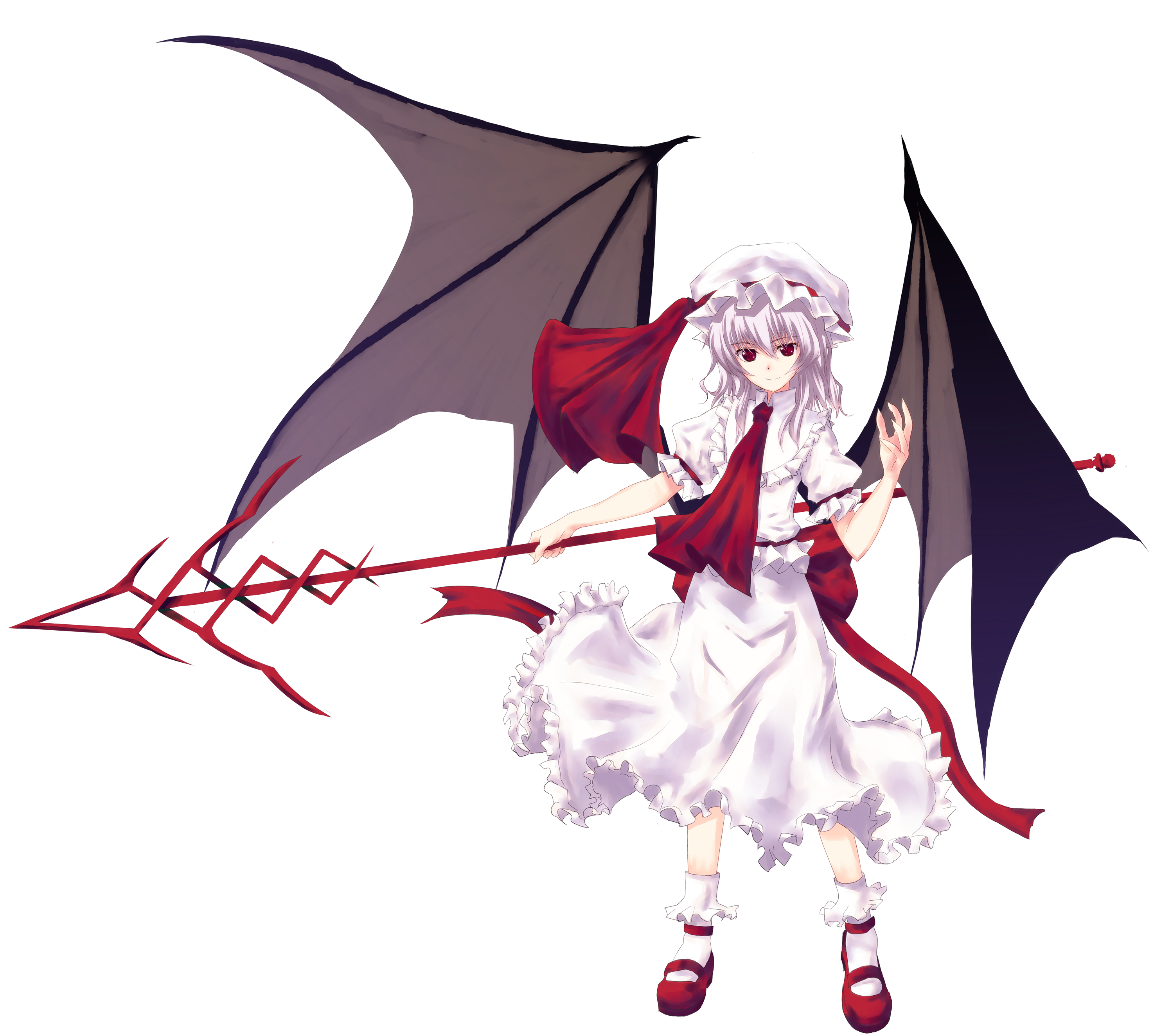 asagi (kabocha oukoku), hisago (pixiv), remilia scarlet, touhou, absurdres, bad id, bad pixiv id, highres, 1girl, bat wings, female focus, full body, hat, polearm, purple hair, red eyes, short hair, solo, spear, spear the gungnir, transparent background, weapon, wings