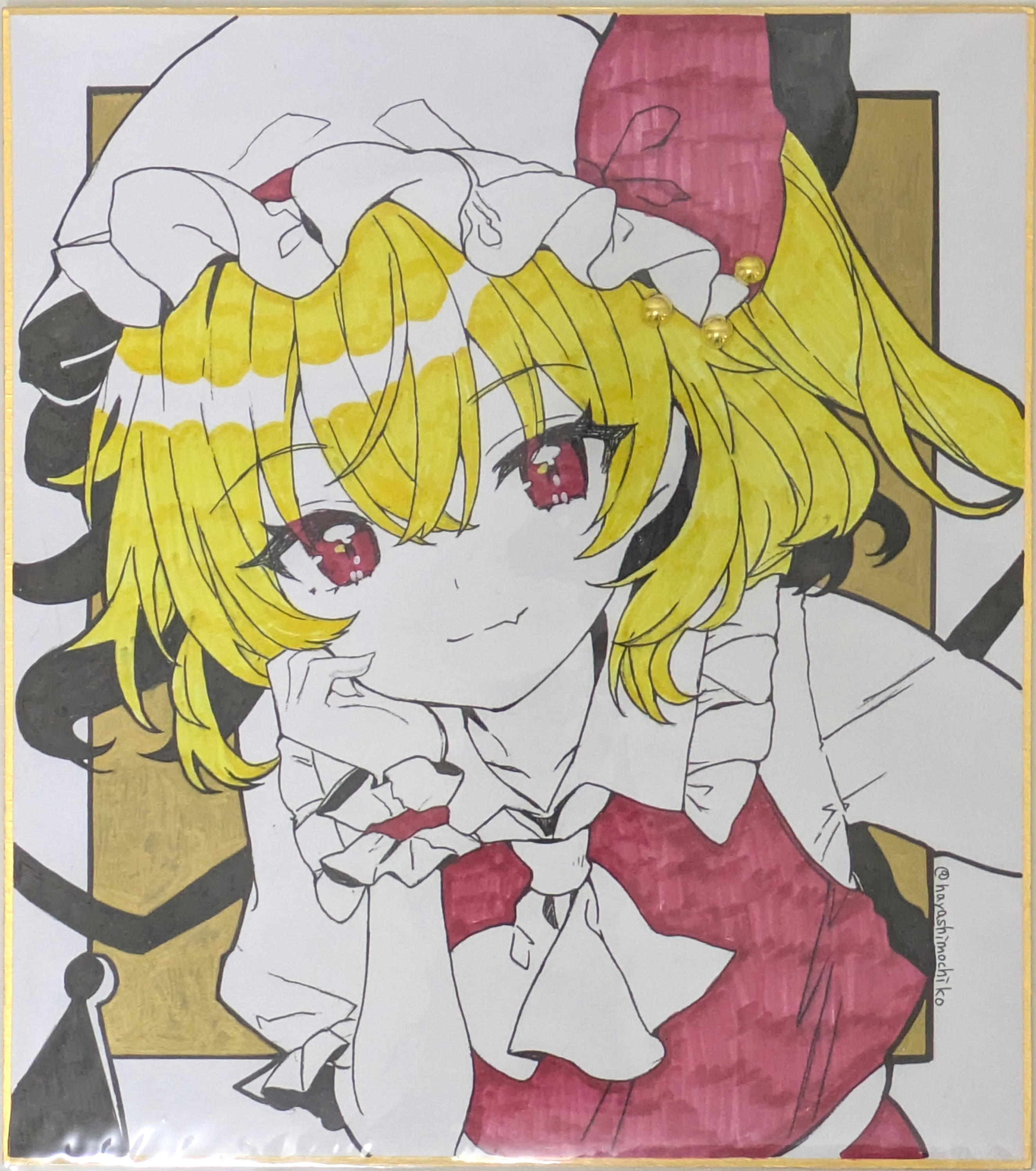 re re merry, flandre scarlet, touhou, absurdres, commentary request, highres, marker (medium), traditional media, 1girl, ascot, blonde hair, closed mouth, collared shirt, crossed bangs, crystal wings, fang, fang out, frilled shirt collar, frills, hair between eyes, hand up, hat, looking at viewer, mob cap, red eyes, red vest, shikishi, shirt, short hair, short sleeves, skin fang, smile, solo, twitter username, upper body, vest, white ascot, white hat, white shirt, wings