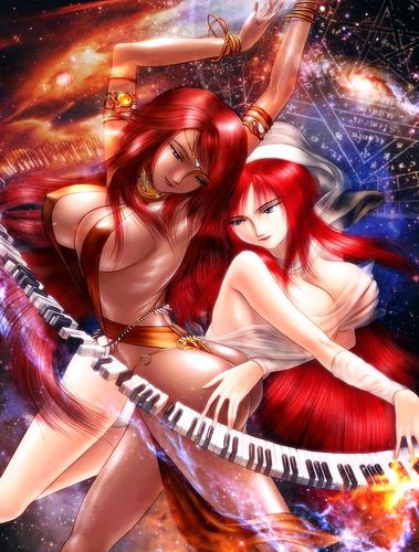 s zenith lee, lowres, tagme, breasts, dancer, dark skin, instrument, jewelry, large breasts, lots of jewelry, piano, red hair