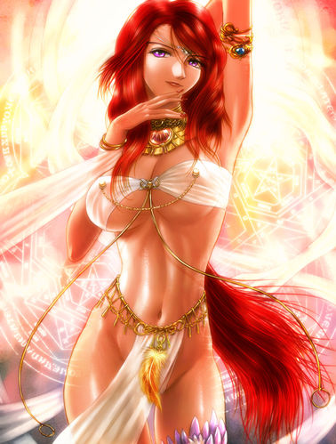 s zenith lee, lowres, armlet, bracelet, breasts, covered erect nipples, jewelry, loincloth, long hair, navel, necklace, purple eyes, red hair, see-through clothes, smile, underboob