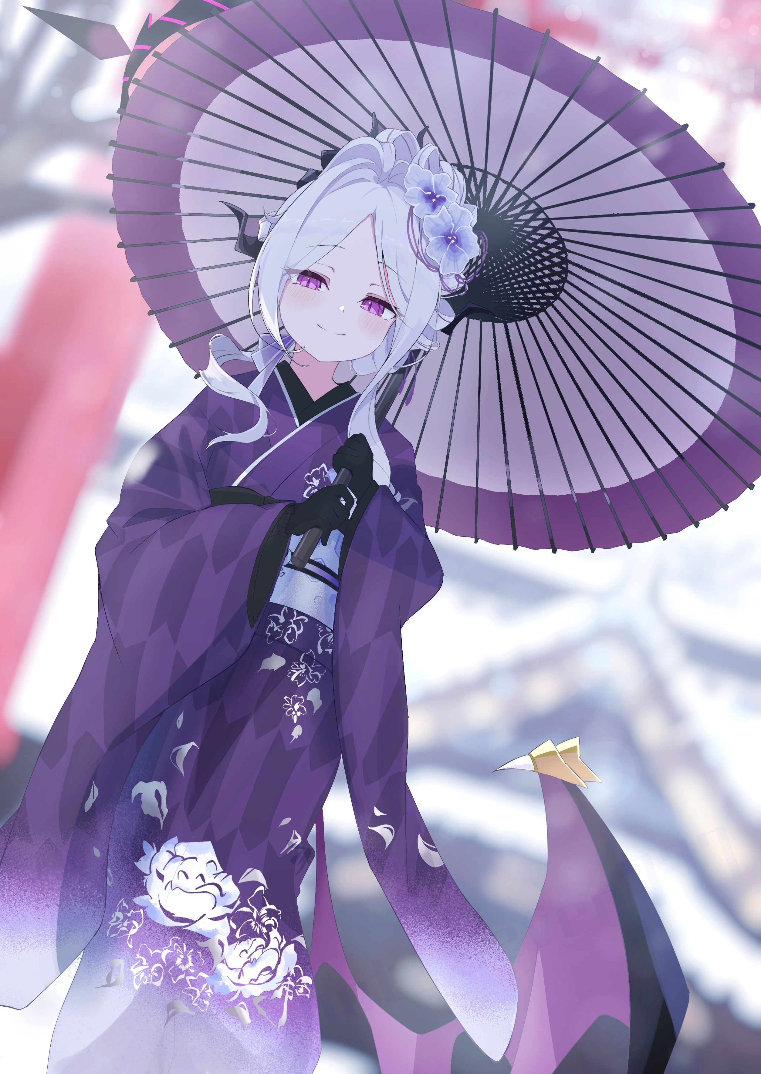 not seven777, hina (blue archive), blue archive, absurdres, commentary request, highres, 1girl, black gloves, black halo, breasts, day, demon girl, demon horns, demon wings, gloves, halo, holding, holding umbrella, horns, long hair, looking at viewer, low wings, new year, official alternate costume, official alternate hairstyle, outdoors, purple eyes, small breasts, solo, umbrella, white hair, wings
