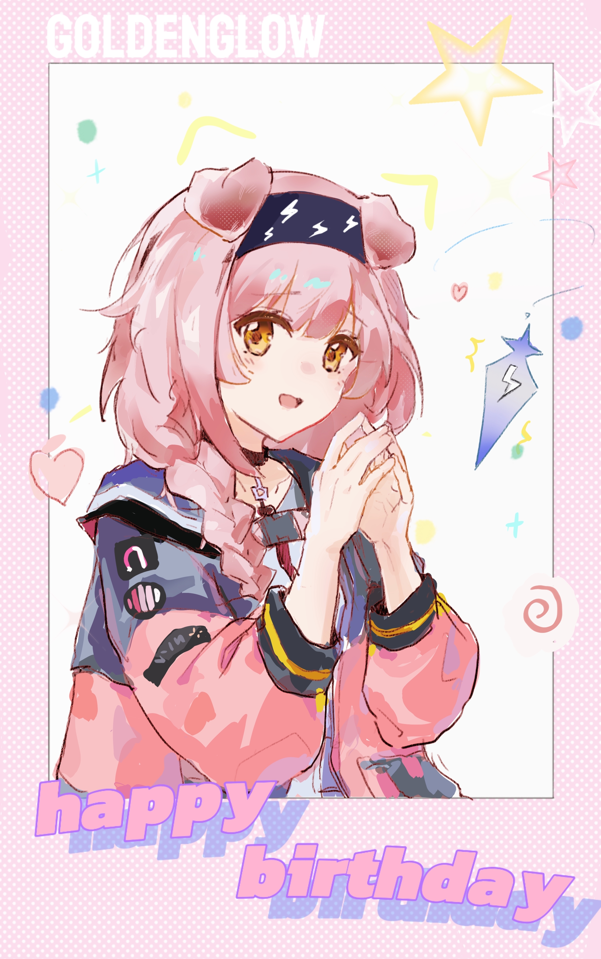 goldenglow (arknights), arknights, absurdres, chinese commentary, commentary request, highres, 1girl, :d, animal ears, black hairband, braid, cat ears, cat girl, character name, english text, grey jacket, hairband, hands up, happy birthday, heart, jacket, lightning bolt print, long hair, multicolored jacket, open clothes, open jacket, open mouth, own hands together, pink background, pink hair, pink jacket, polka dot, polka dot background, raised inner eyebrows, shirt, side braid, smile, solo, star (symbol), steepled fingers, two-tone background, two-tone jacket, white background, white shirt, xinjinjumin048353353675, yellow eyes
