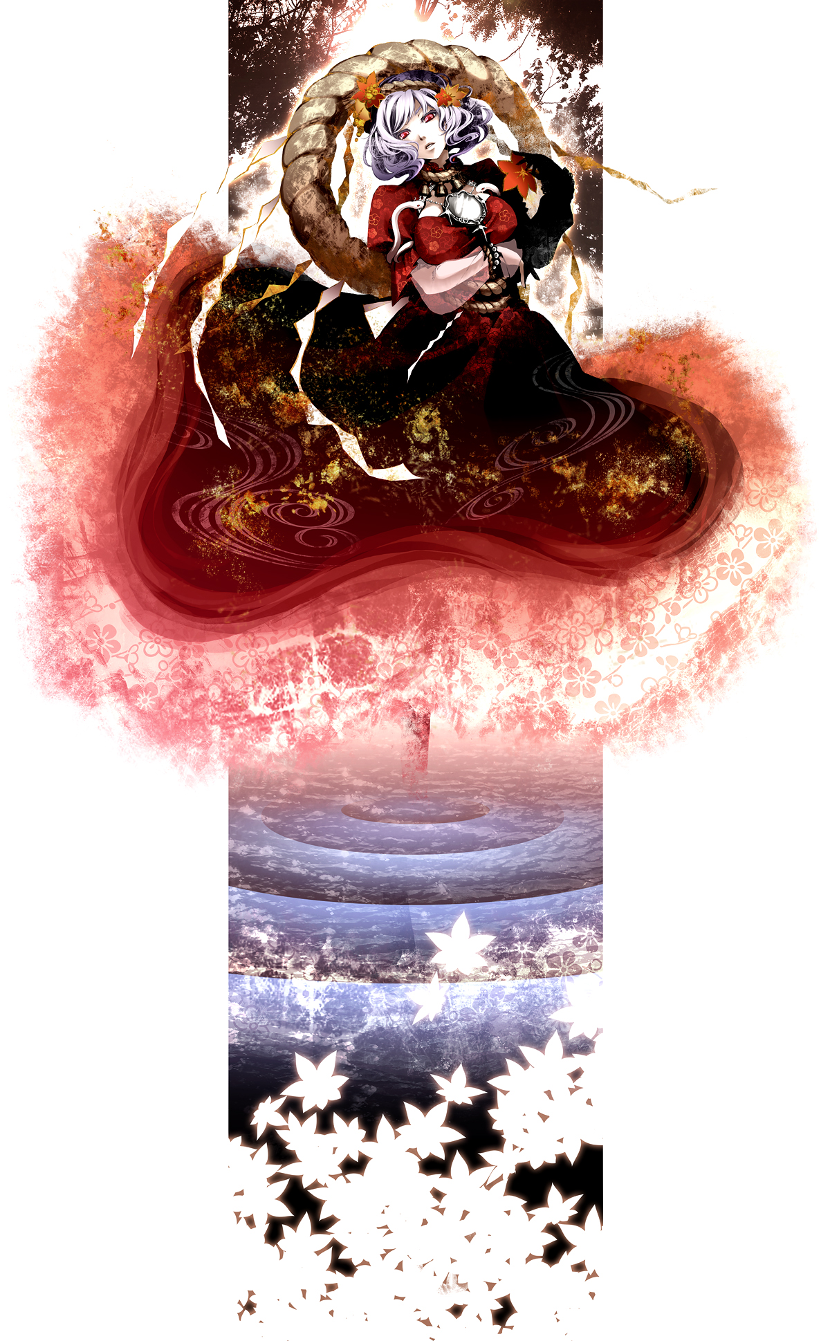 mochinue, yasaka kanako, touhou, highres, 1girl, female focus, hair ornament, leaf, mirror, plant, red eyes, rope, short hair, snake, solo, water