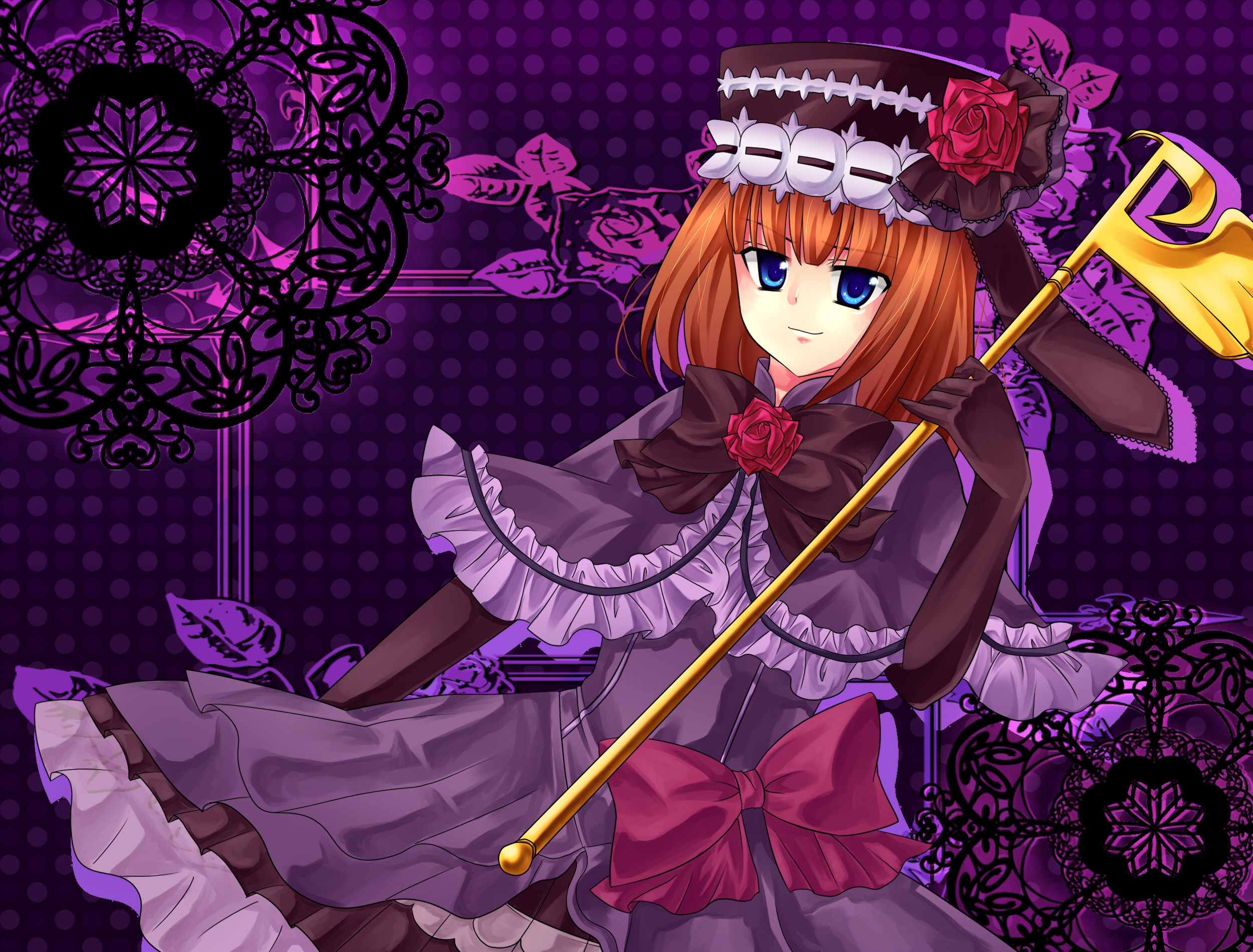 mei (jewel at time), eva beatrice, umineko no naku koro ni, european clothes, bad id, bad pixiv id, highres, 00s, blue eyes, bow, dress, elbow gloves, flower, gloves, hat, mantelet, orange hair, rose, solo, staff