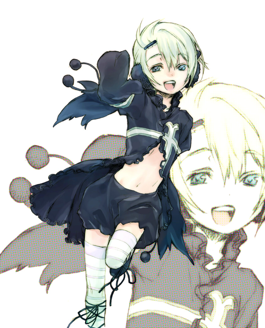 cuilan, senkou no ronde, artist request, 1boy, blonde hair, blue eyes, bottomless, child, crossdressing, crossdressing (mtf), earmuffs, gloves, male focus, midriff, navel, open mouth, running, short hair, smile, thighhighs, trap