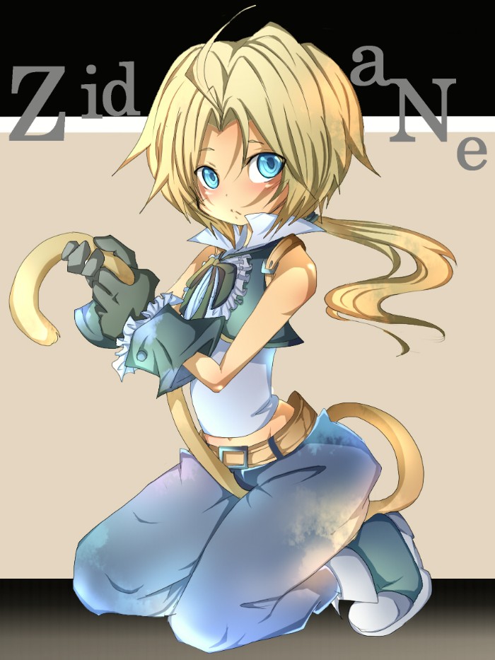 fuabio, zidane tribal, final fantasy, final fantasy ix, 00s, blonde hair, blue eyes, child, cuffs, gloves, holding, kneeling, long hair, male focus, midriff, ponytail, tail