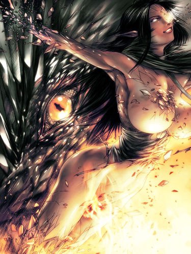 s zenith lee, shatter, lowres, tagme, black hair, breasts, dragon, large breasts, long hair, looking at viewer, pointy ears, smile