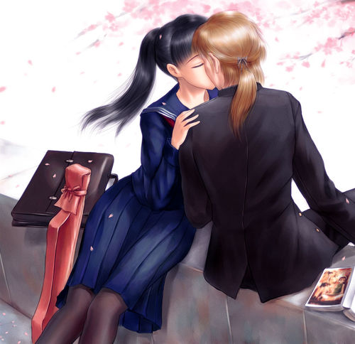 s zenith lee, lowres, tagme, 2girls, age difference, androgynous, black hair, blonde hair, book, couple, gift, kiss, long hair, multiple girls, ponytail, school uniform, yuri