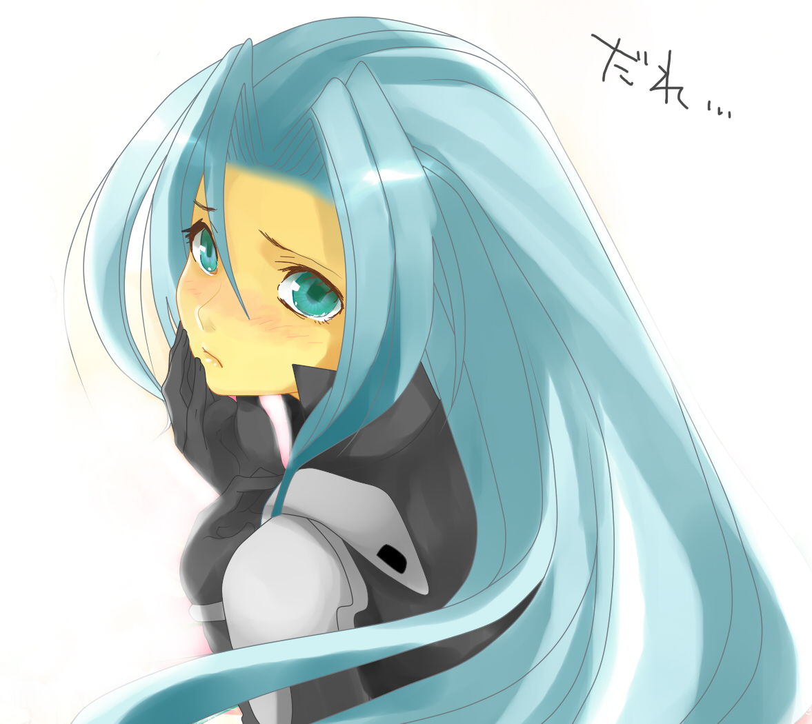 sephiroth, final fantasy, final fantasy vii, silver hair, 1990s (style), 1boy, androgynous, blush, green eyes, long hair, looking back, male focus, sad, solo