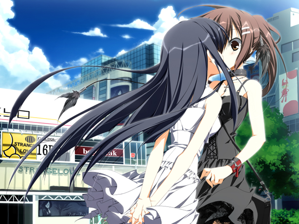 kagome (traumatize), minakami yuki, takashima zakuro, subarashiki hibi, game cg, 2girls, armband, arms behind back, bag, black dress, black hair, blush, breasts, brown eyes, brown hair, city, cloud, day, dress, jewelry, kiss, long hair, multiple girls, necklace, public indecency, short hair, sky, small breasts, strap, surprised, white dress, wind, yuri