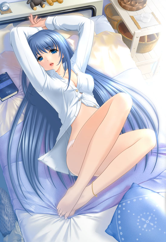 sano toshihide, nanjou sayaka, original, private emotion, ripe, bad id, bad pixiv id, jpeg artifacts, 00s, 1girl, anklet, arms up, barefoot, bed, blue eyes, blue hair, book, breasts, cleavage, dress shirt, feet, female focus, jewelry, legs, lips, lipstick, long hair, lying, makeup, matching hair/eyes, on back, open mouth, panties, pillow, shirt, solo, underwear, very long hair, white panties