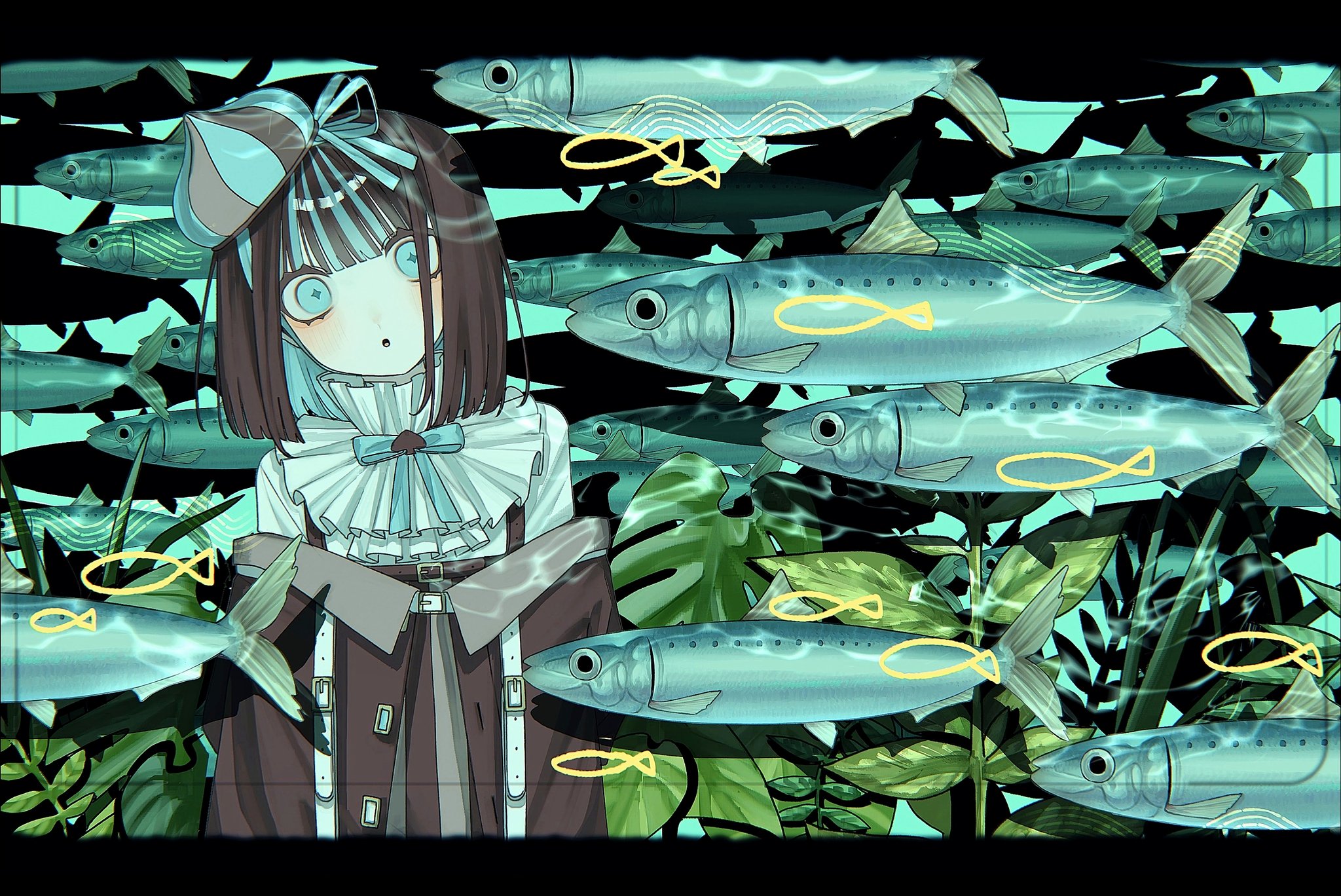 original, highres, 1girl, :o, black hair, blue bow, blue eyes, blue hair, blush, bow, bowtie, cross-shaped pupils, fish, fish (symbol), hat, head tilt, letterboxed, looking at viewer, mackerel (fish), medium hair, multicolored hair, neck ruff, plant, roxxxo9, solo, spade (shape), streaked hair, symbol-shaped pupils, wide-eyed