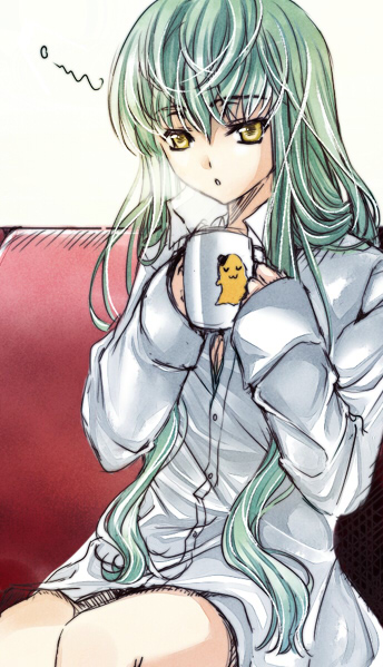 meimi k, c.c., cheese-kun, code geass, pizza hut, 00s, 1girl, cup, female focus, green hair, long hair, open clothes, open shirt, shirt, sleepy, solo, yellow eyes