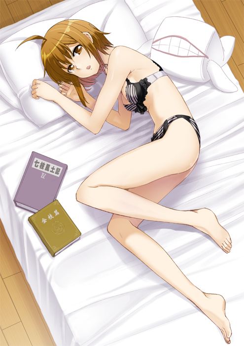 inue shinsuke, 1girl, ahoge, bare legs, bare shoulders, barefoot, bed, book, bra, brown hair, feet, female focus, legs, lingerie, lying, panties, short hair, solo, underwear, underwear only