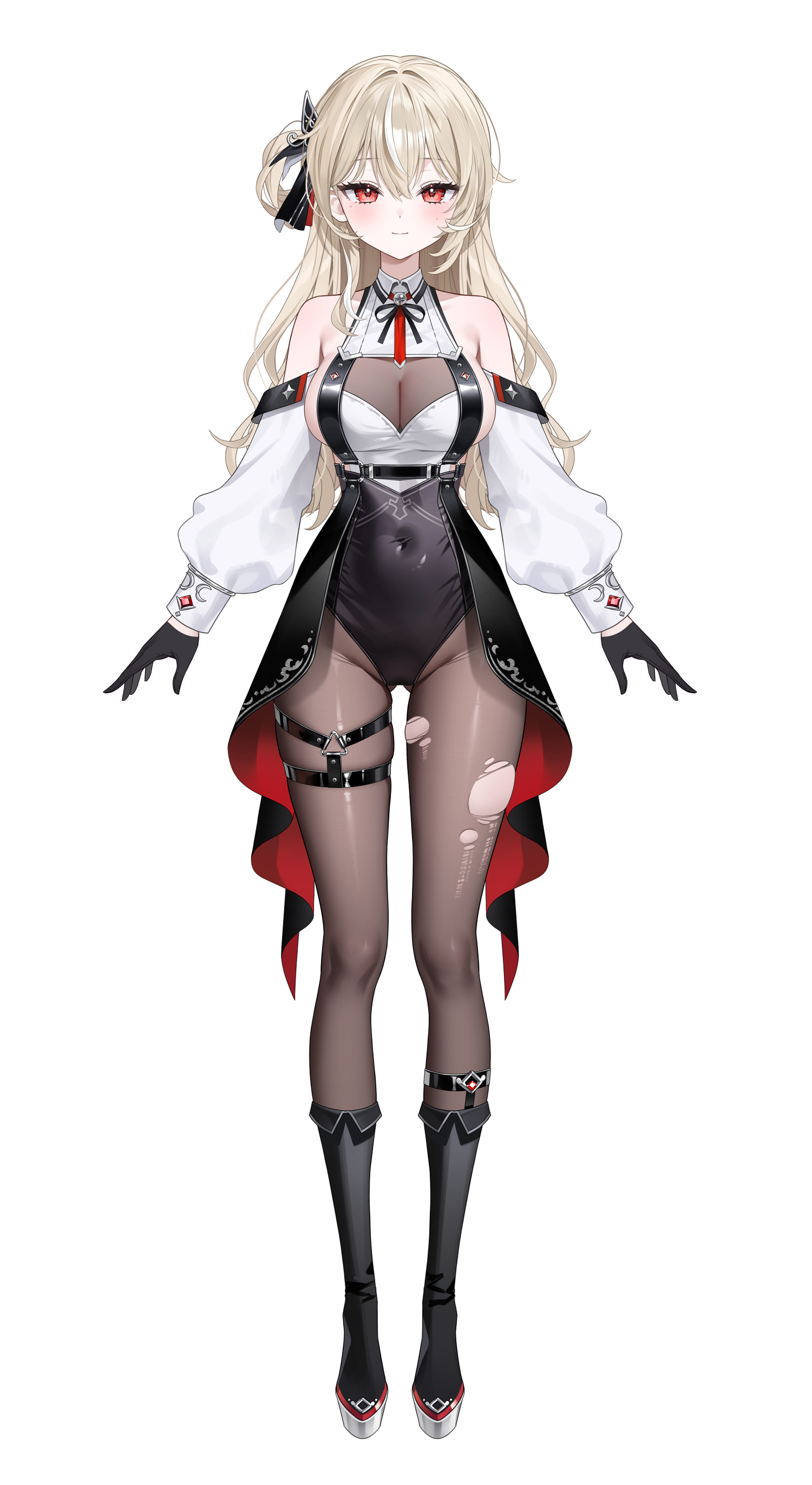 fymrie, indie virtual youtuber, absurdres, commentary request, highres, translation request, 1girl, bare shoulders, black boots, black gloves, blonde hair, blush, boots, breasts, brown pantyhose, cleavage, closed mouth, covered navel, detached sleeves, full body, gloves, hair ornament, highleg, highleg leotard, knee boots, large breasts, leotard, long hair, long sleeves, looking at viewer, mole, mole on cheek, multicolored hair, one side up, pantyhose, puffy long sleeves, puffy sleeves, red eyes, see-through cleavage, see-through clothes, shirt, sideboob, simple background, skindentation, sleeveless, sleeveless shirt, smile, solo, streaked hair, tachi-e, tailcoat, thigh strap, torn clothes, torn pantyhose, virtual youtuber, white background, white shirt