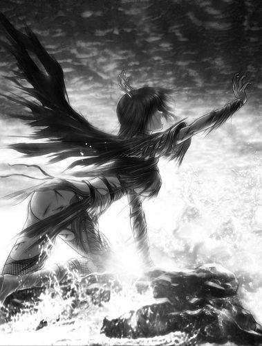 s zenith lee, lowres, tagme, cuts, fishnets, horns, injury, ocean, open mouth, reaching, reaching towards viewer, rock, screaming, torn clothes, waves