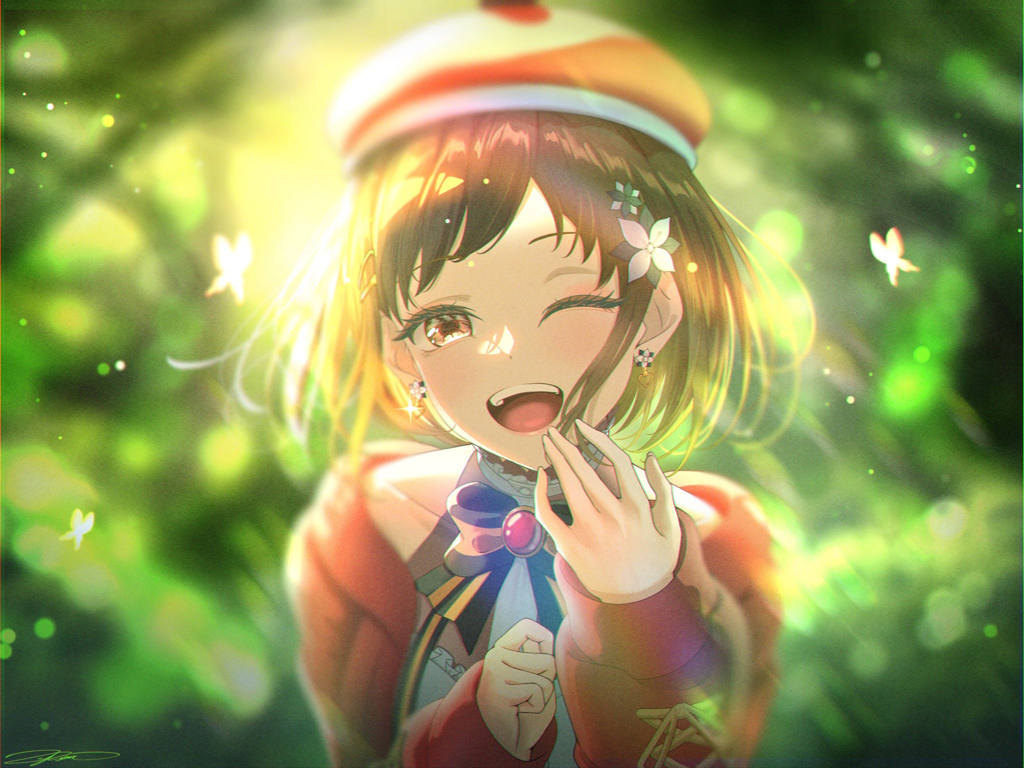zuka ryu, hazawa tsugumi, bang dream!, hashtag-only commentary, highres, 1girl, bare shoulders, bow, brown eyes, brown hair, bug, butterfly, cardigan, earrings, flower, hair flower, hair ornament, hat, insect, jewelry, long sleeves, one eye closed, open cardigan, open clothes, open mouth, red cardigan, red hat, short hair, solo, teeth, upper body, upper teeth only
