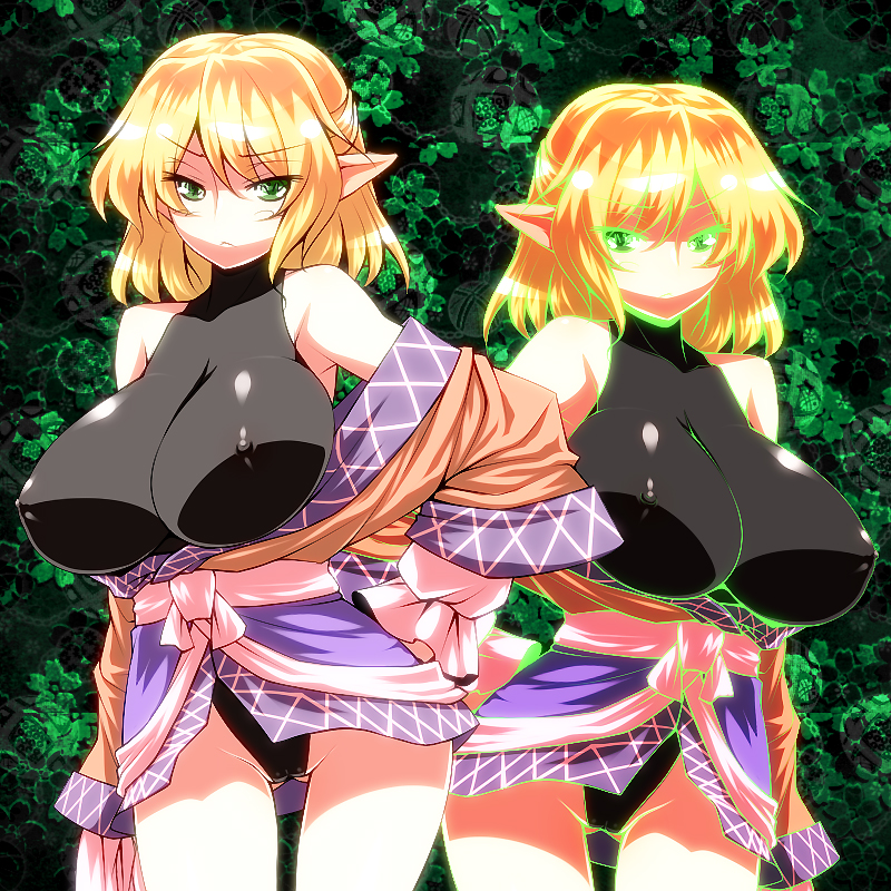 tro (trombe), mizuhashi parsee, touhou, 1girl, blonde hair, breasts, covered erect nipples, female focus, frown, green eyes, hand on own hip, huge breasts, off shoulder, pointy ears, red eyes, short hair, skin tight, symbol-shaped pupils