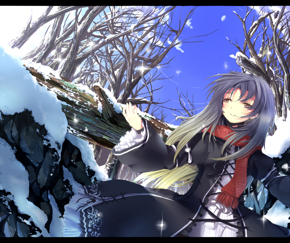 nejime, hijiri byakuren, touhou, bad id, bad pixiv id, 1girl, dress, female focus, forest, gradient hair, letterboxed, long hair, multicolored hair, nature, outdoors, plant, scarf, sky, snow, solo, tree, winter, yellow eyes